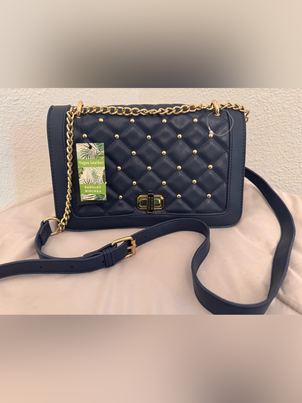 NEW Badgley Mischka Navy Vegan Leather Quilted Chain Studded Shoulder Bag NWT